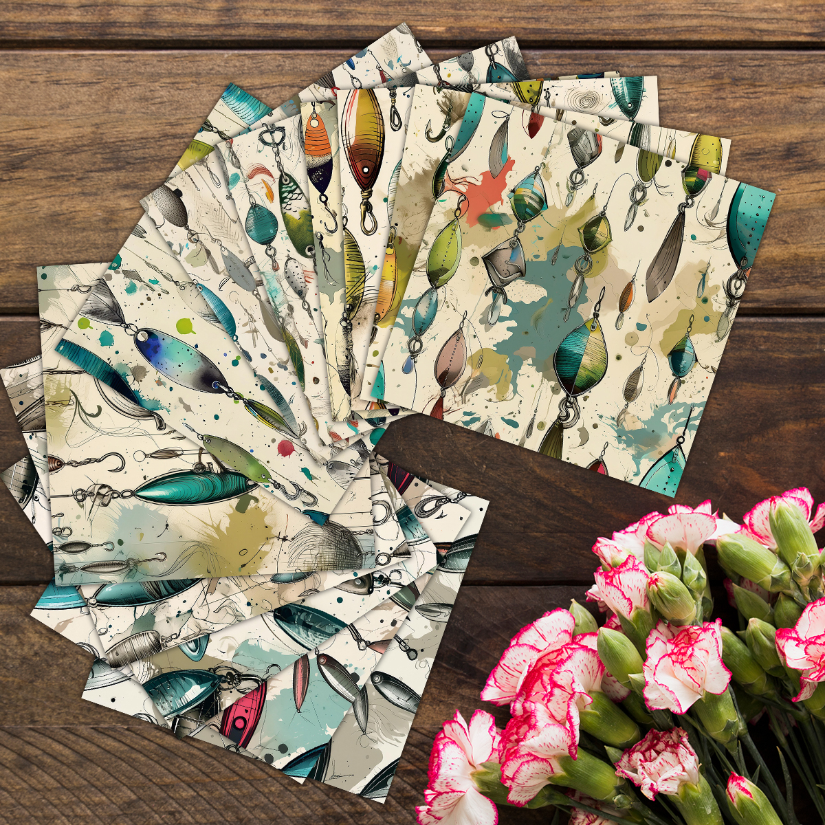 Cardstock Paper Pack - 12pcs Vintage Fishing Lure Pattern Scrapbook